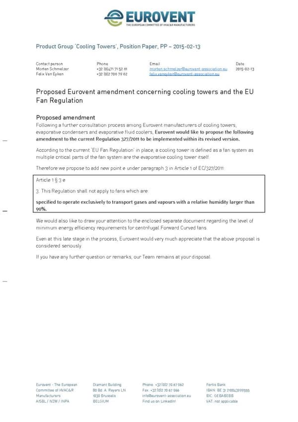 Proposed Eurovent amendment concerning cooling towers and the EU Fan Regulation