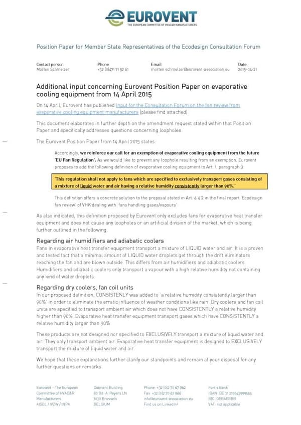 Additional input concerning Eurovent Position Paper on evaporative cooling equipment from 2015-04-14