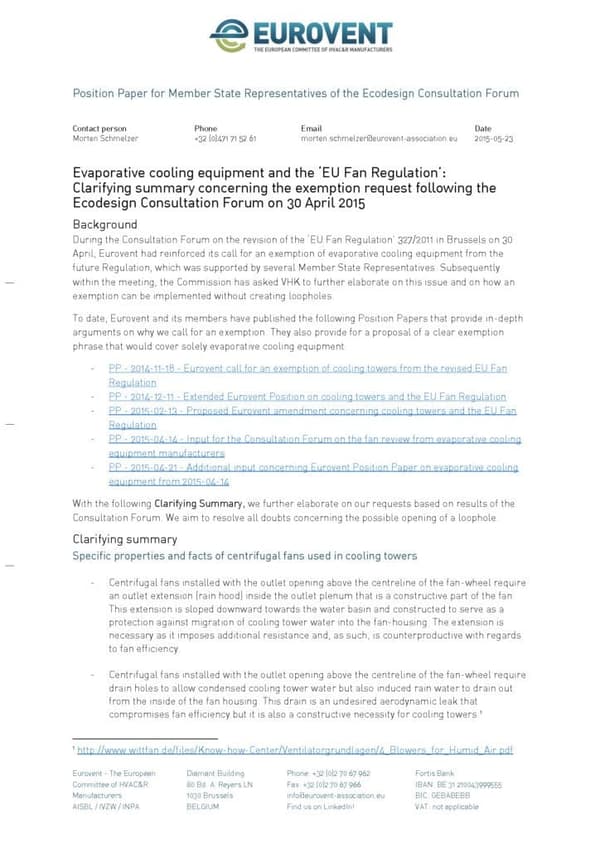 Eurovent clarifying summary concerning the exemption request for evaporative cooling equipment