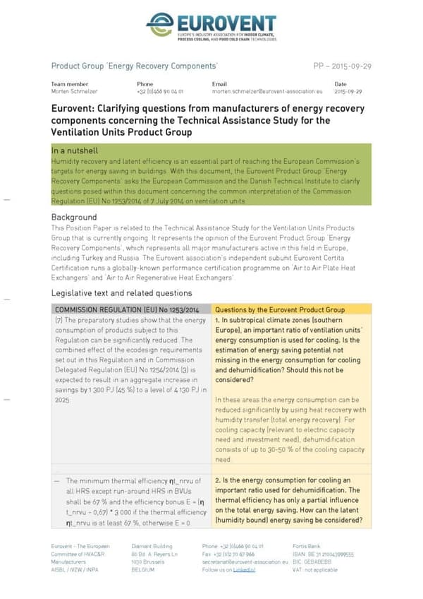 Clarifying questions from the Eurovent PG Energy Recovery Components for TAS VU