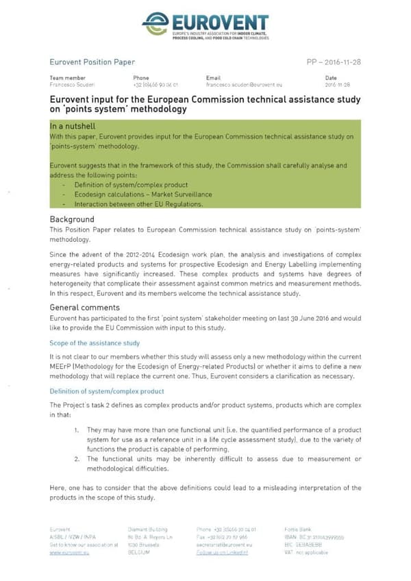 Eurovent input for the EC technical assistance study on ‘points system’ methodology