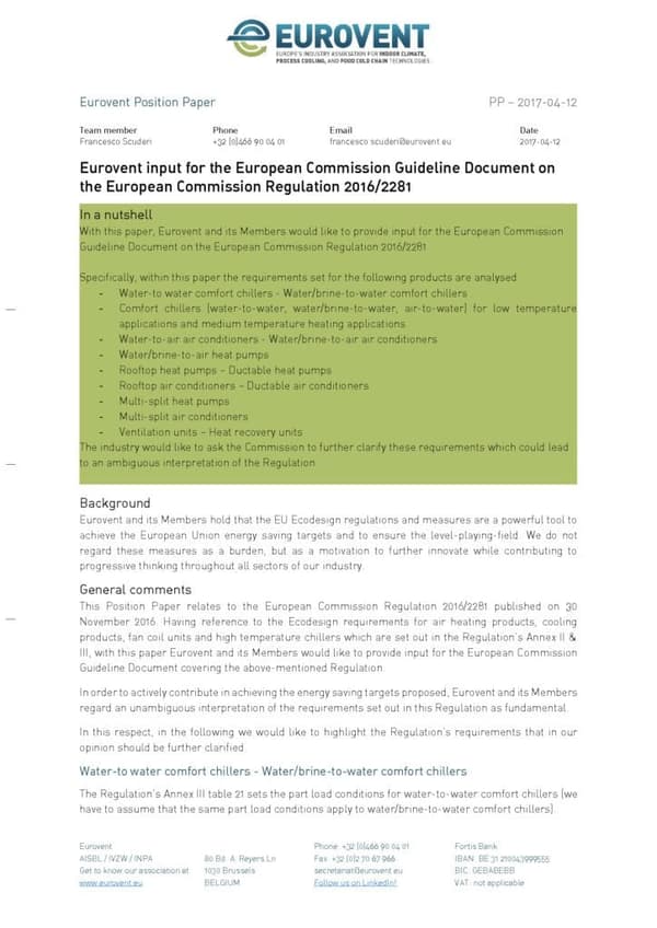 Eurovent input for the European Commission Guideline Document on the European Commission Regulation 2016 2281