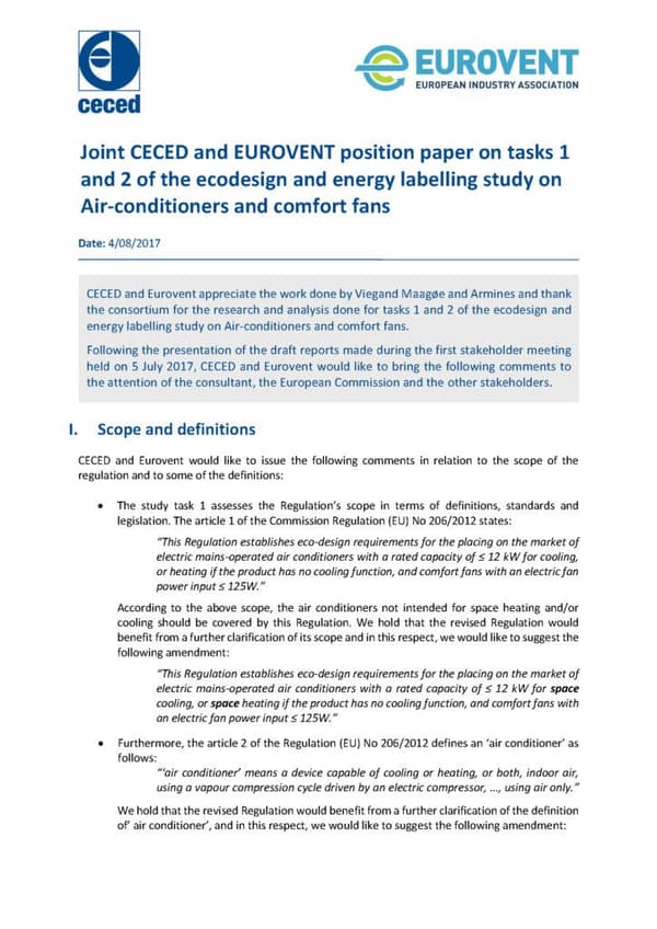 CECED & EUROVENT comments on tasks 1 and 2 of Airco and comfort fans study