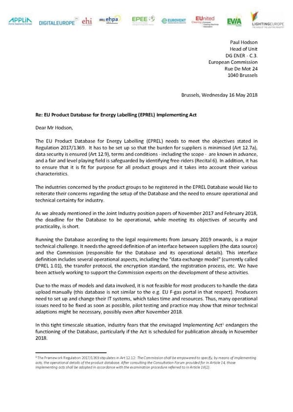 Joint Industry on EPREL – Letter to DG ENER on Implementing Act