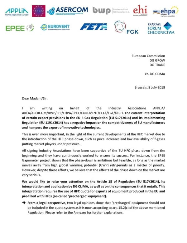 Joint industry letter on pre-charged equipment exports