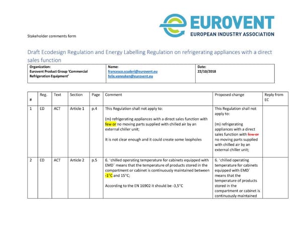 Eurovent comments on or refrigerating appliances with a direct sales function