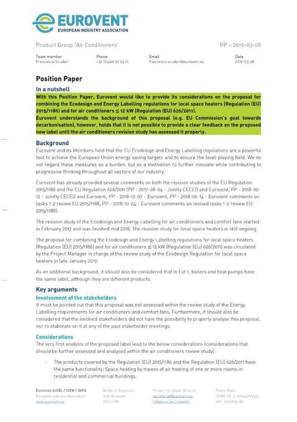 Eurovent Position Paper proposal combination local space heaters and heat pumps Energy Label