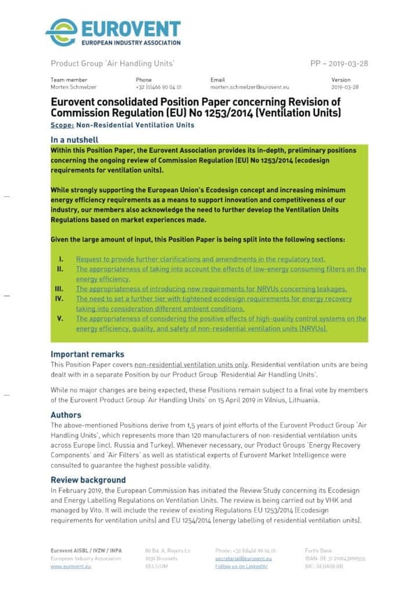 Eurovent Position Paper NRVU – Revision of EU VU Regulation – V1