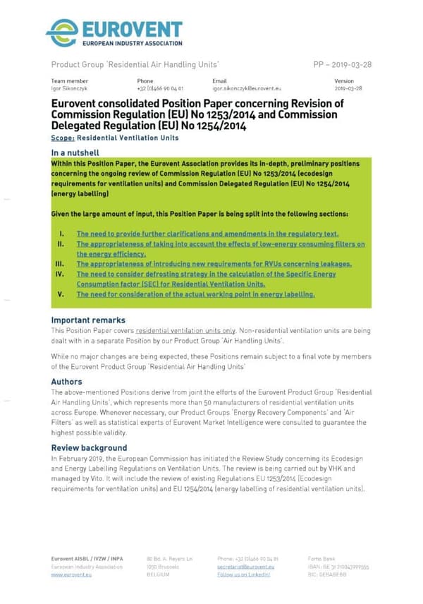 Eurovent Position Paper RVU – Revision of EU VU Regulation