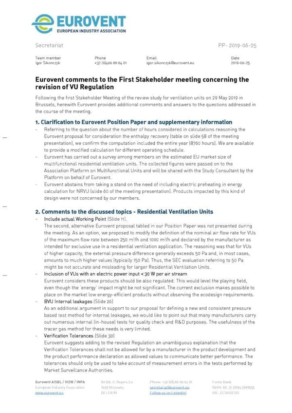 Eurovent comments to 1st VU regulation stakeholder meeting