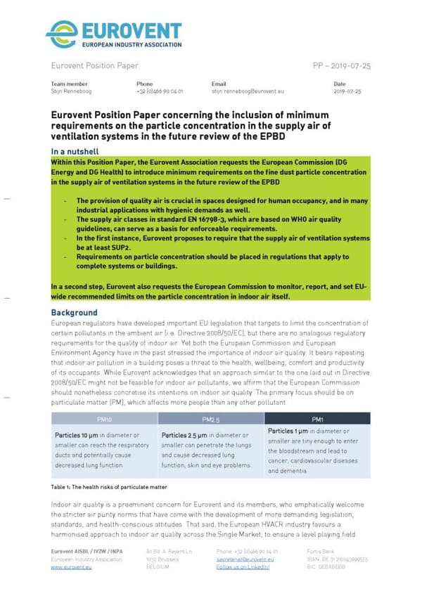 Eurovent Position Paper on PM in ventilation systems