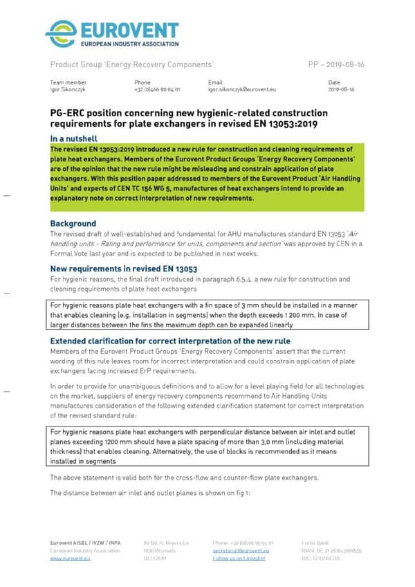 Eurovent Position Paper on new hygienic requirements for PHE in EN 13053