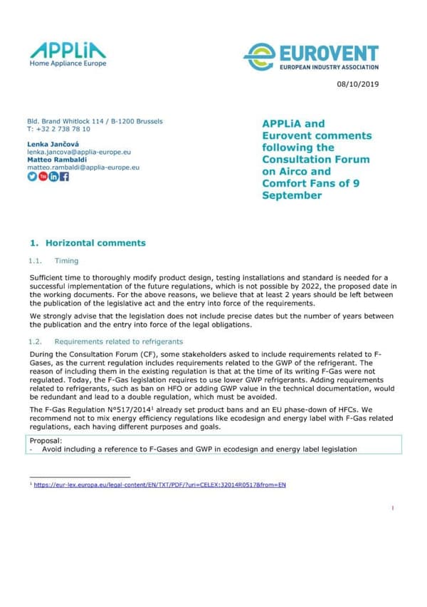 Joint Eurovent APPLiA comments on Airco and Comfort Fans following the CF of 9 September