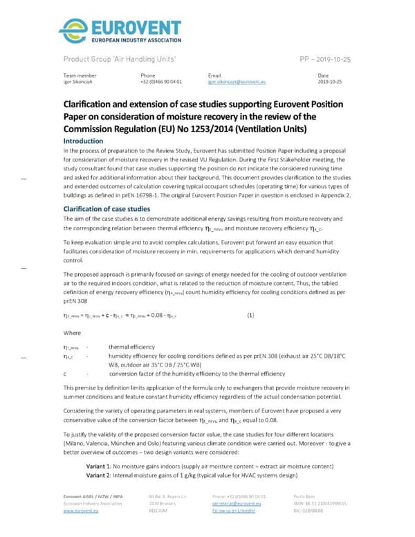 Eurovent Position Paper on moisture recovery in VU Regulation – Clarification