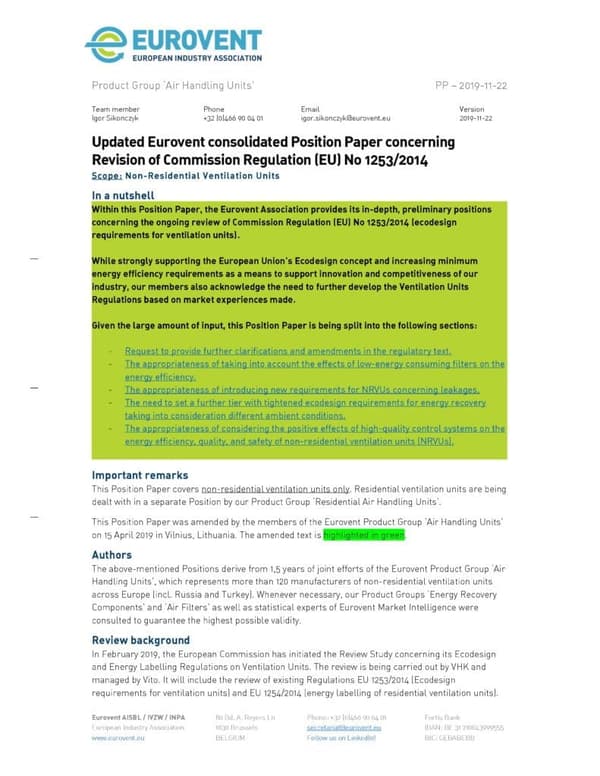 Eurovent Eurovent Position Paper NRVU – Revision of EU VU Regulation – V3
