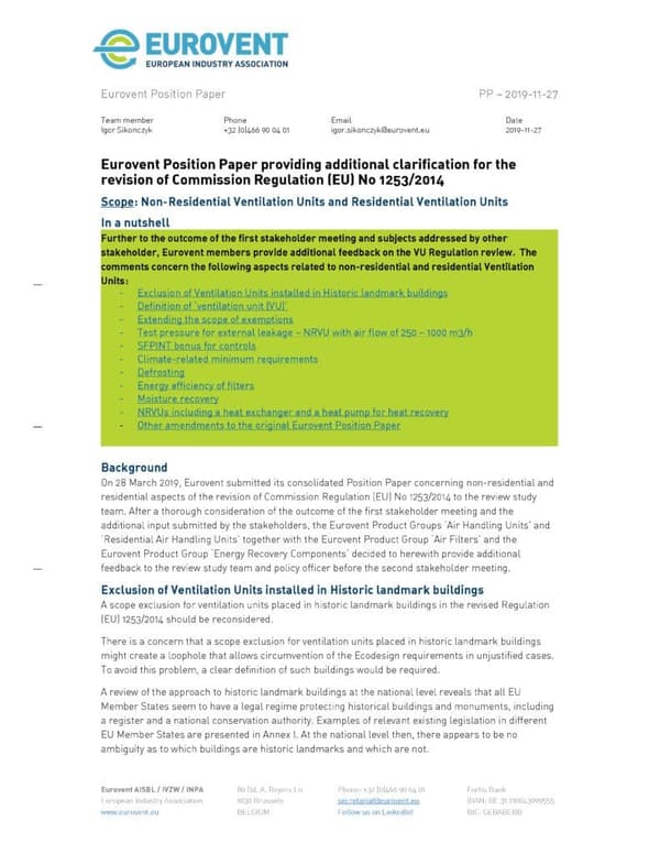 Eurovent Position Paper providing additional clarification for the revision of VU Regulation