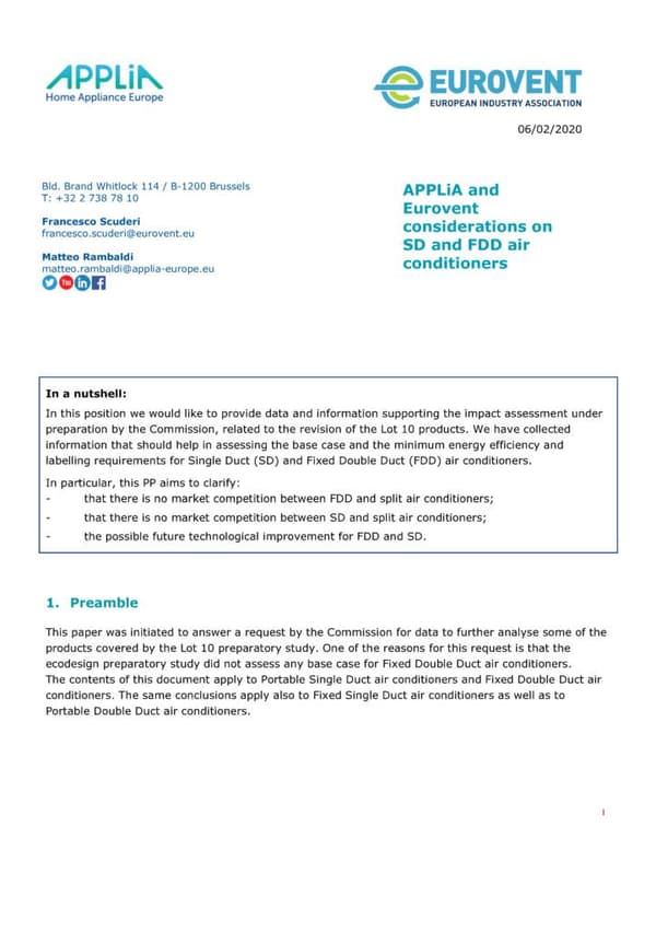 Joint Eurovent APPLiA input on FDD and SD air conditioners