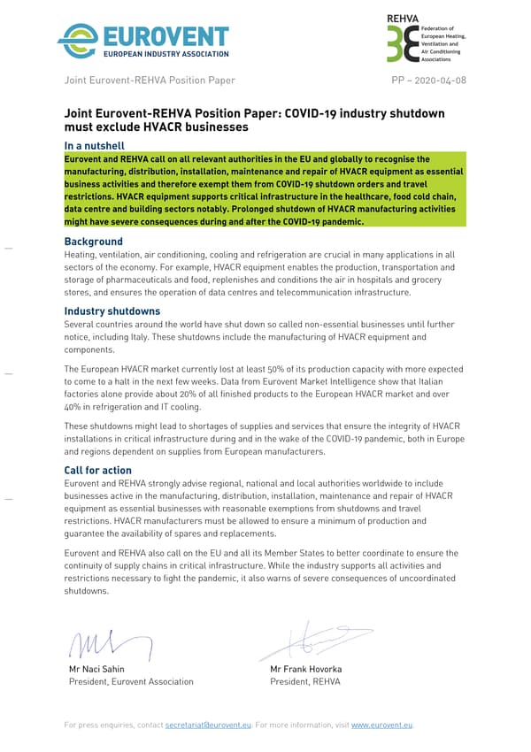 Joint Eurovent REHVA Position Paper COVID-19 industry shutdown