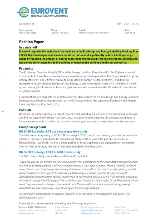 Eurovent Position Paper AC request for inclusion in Ecodesign WP 2020-2024