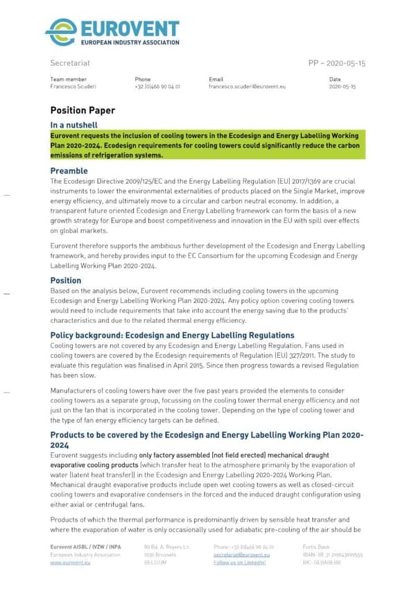 Eurovent Position Paper CT request for inclusion in Ecodesign WP 2020-2024
