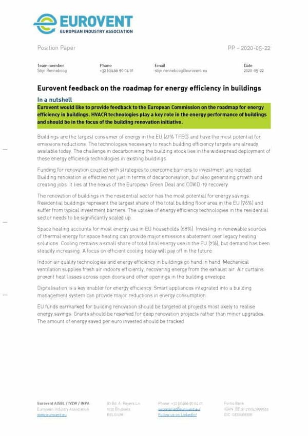 Eurovent feedback on the roadmap for energy efficiency in buildings