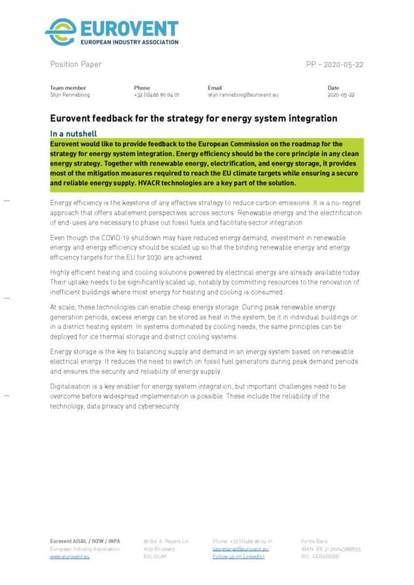 Eurovent feedback on the roadmap for energy system integration