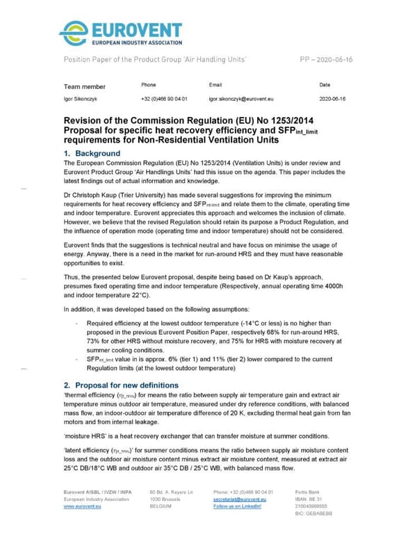 Eurovent proposal for specific HRS and SFP requirements