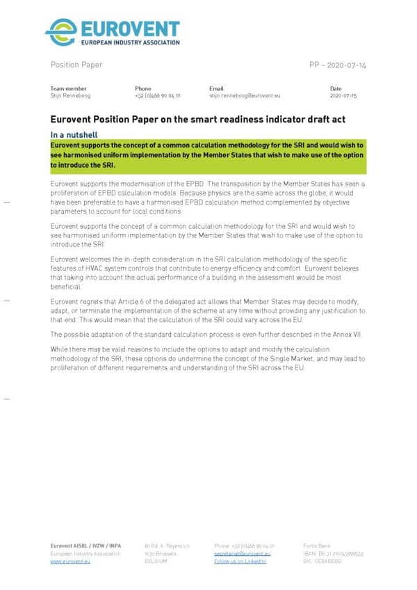 Eurovent Position Paper on the smart readiness indicator draft act
