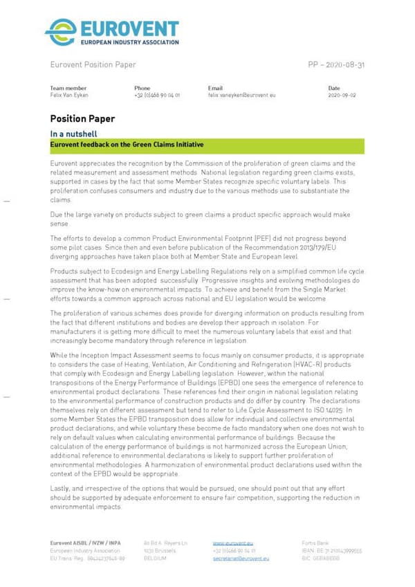 Eurovent feedback on the roadmap for the Green Claims initiative