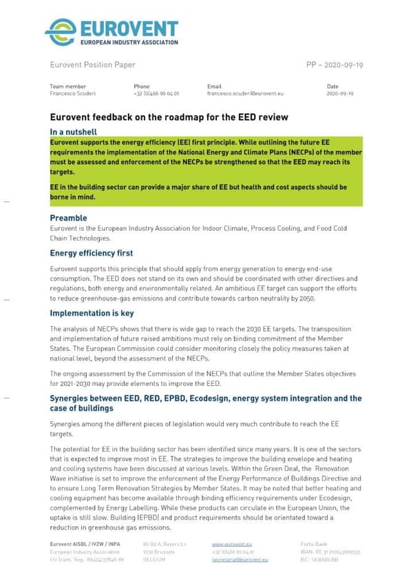 Eurovent feedback on the roadmap for the EED review