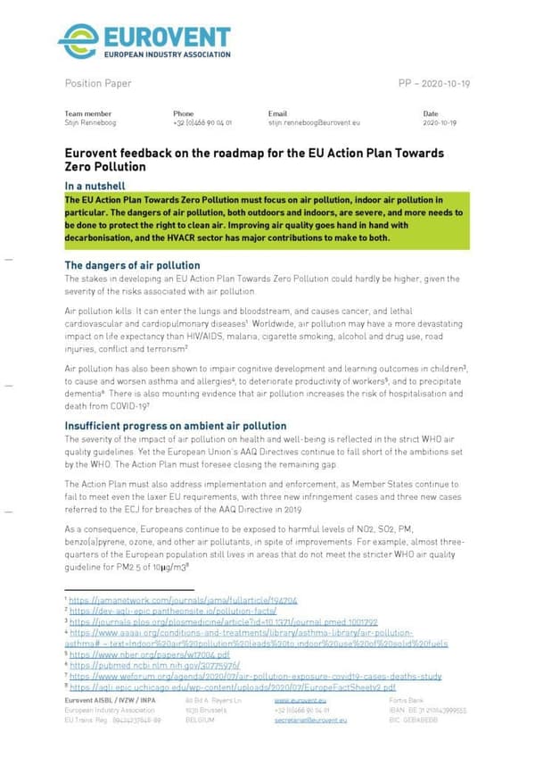 Eurovent feedback on the roadmap for the EU Action Plan Towards Zero Pollution