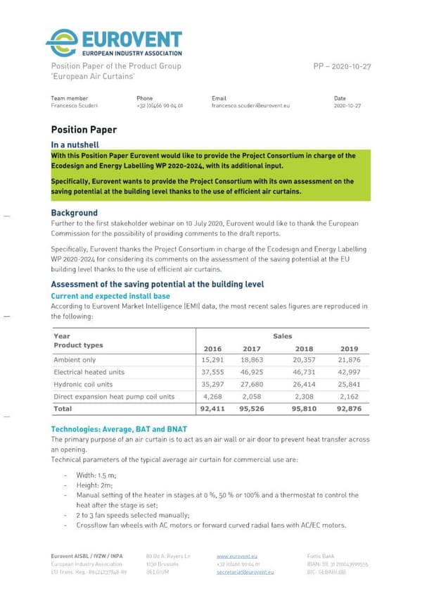Eurovent Position Paper on Air Curtains ED EL WP 2020-2024