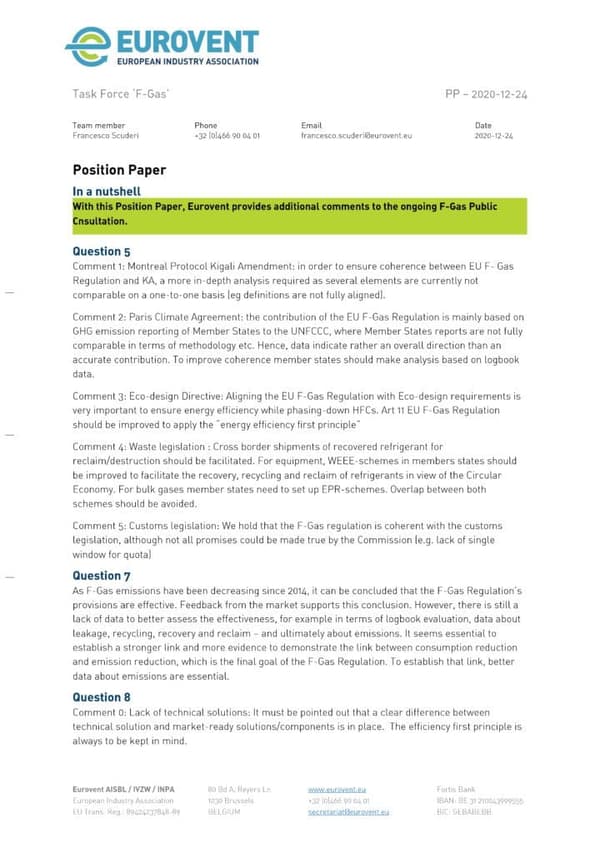 Eurovent comments on F-Gas public consultation questionnaire