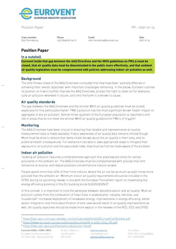 Eurovent Position Paper on the Review of the AAQ Directives