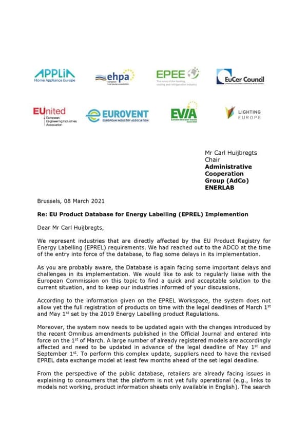 Joint Industry Statement on EPREL Implementation