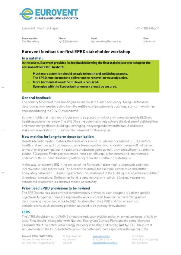 Eurovent feedback on first EPBD stakeholder workshop
