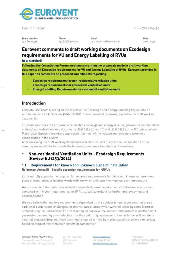 Eurovent comments on draft revised EU1253 and EU1254