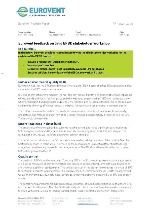 Eurovent feedback on third EPBD stakeholder workshop