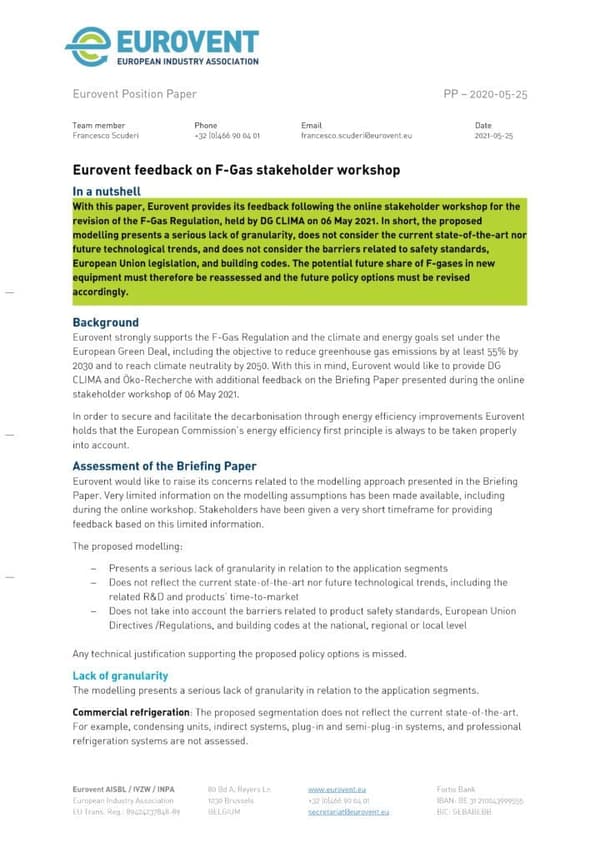 Eurovent feedback on F-Gas stakeholder workshop