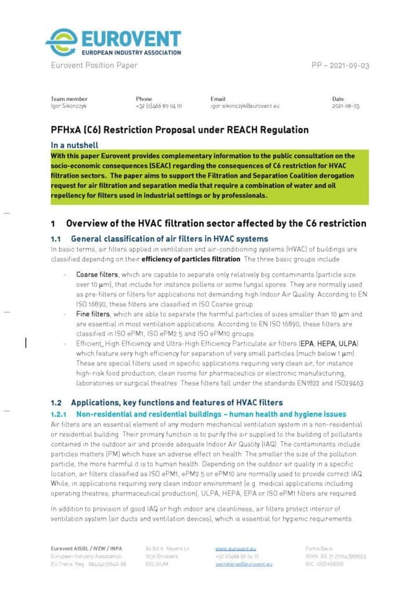 Eurovent feedback to SEAC public consultation on C6 restriction proposal under REACH
