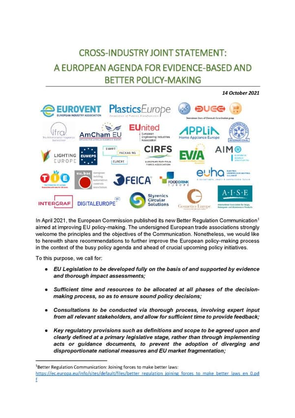 Joint industry statement for evidence based and better policy making