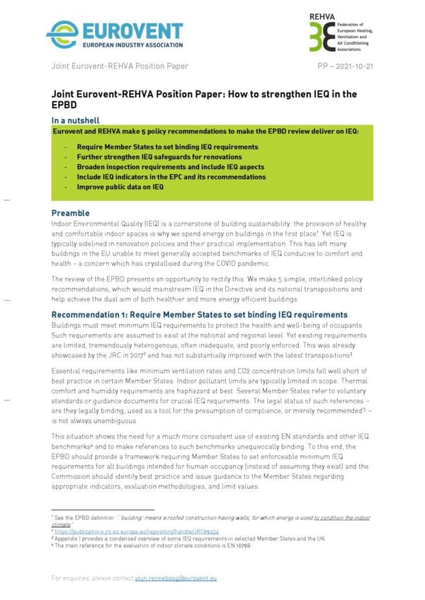 Joint Eurovent REHVA Position Paper on how to strengthen IEQ in the EPBD