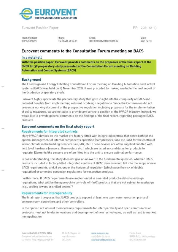 Eurovent comments after CF on BACS