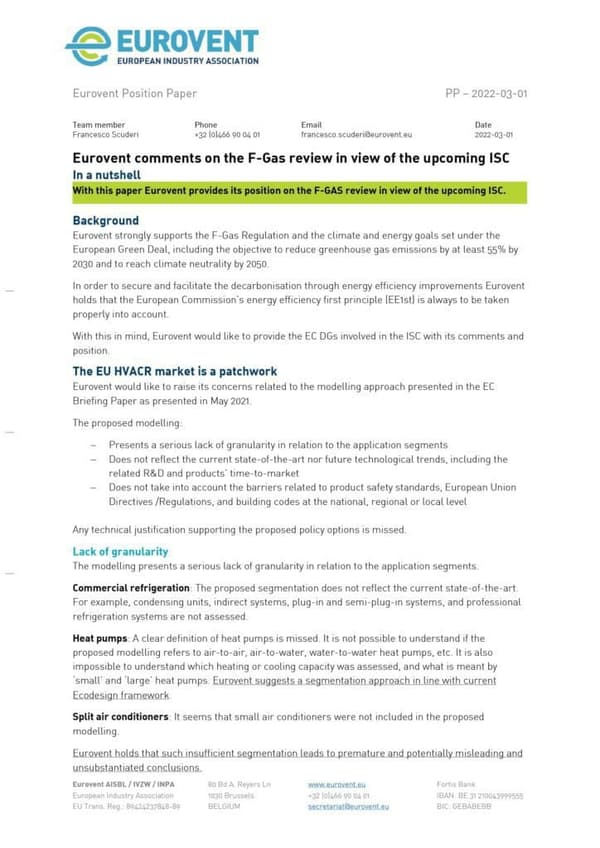 Eurovent comments F-Gas review in view of ISC