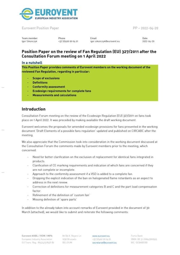 Eurovent comments after CF on Fan regulation