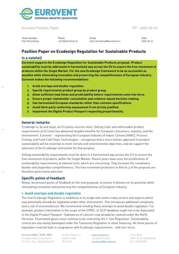 Eurovent Position Paper on the Ecodesign Regulation for Sustainable Products