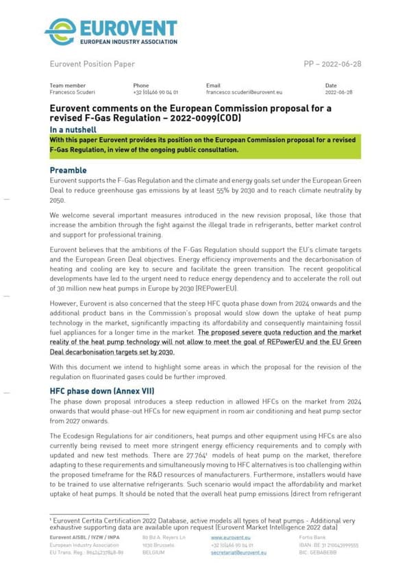 Eurovent comments on the Commission proposal for a revised F-Gas Regulation