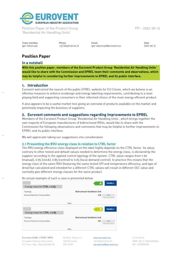 Eurovent comments on EPREL – Bidirectional RVU