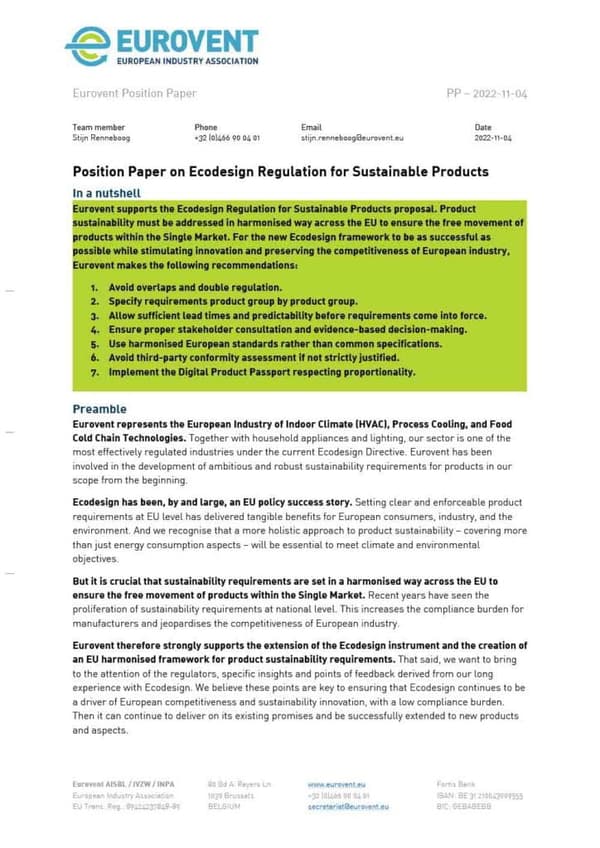 Eurovent Position Paper on Ecodesign Regulation for Sustainable Products EP