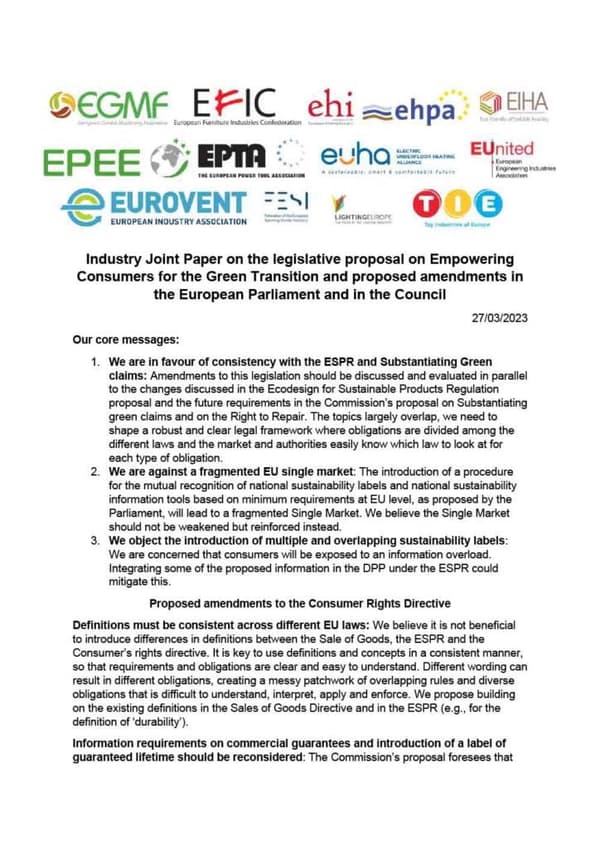 Joint industry paper on empowering consumers for green transition